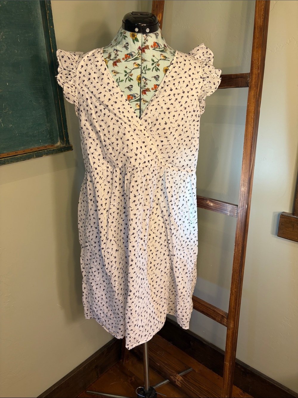 LOFT White Dress with Navy Floral Dots and Ruffle Sleeves